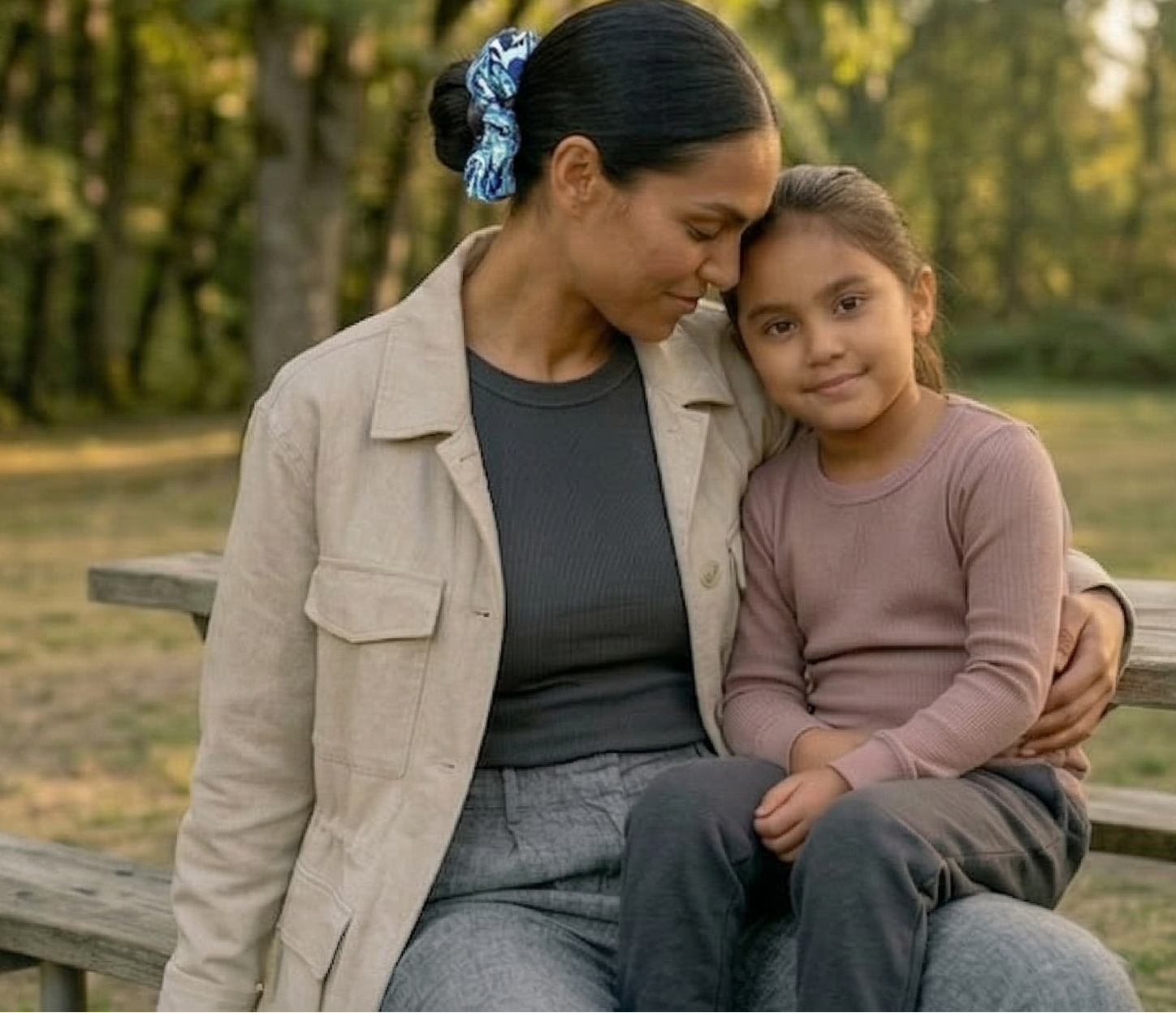 Woman and child sitting on a bench in a park