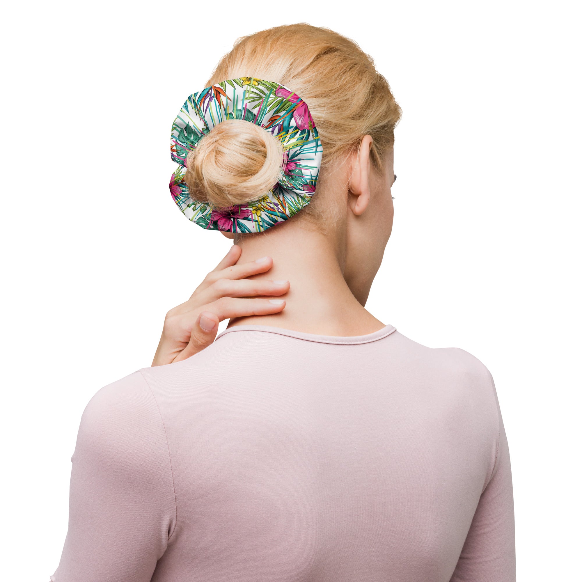 Green and Pink Flower Scrunchie