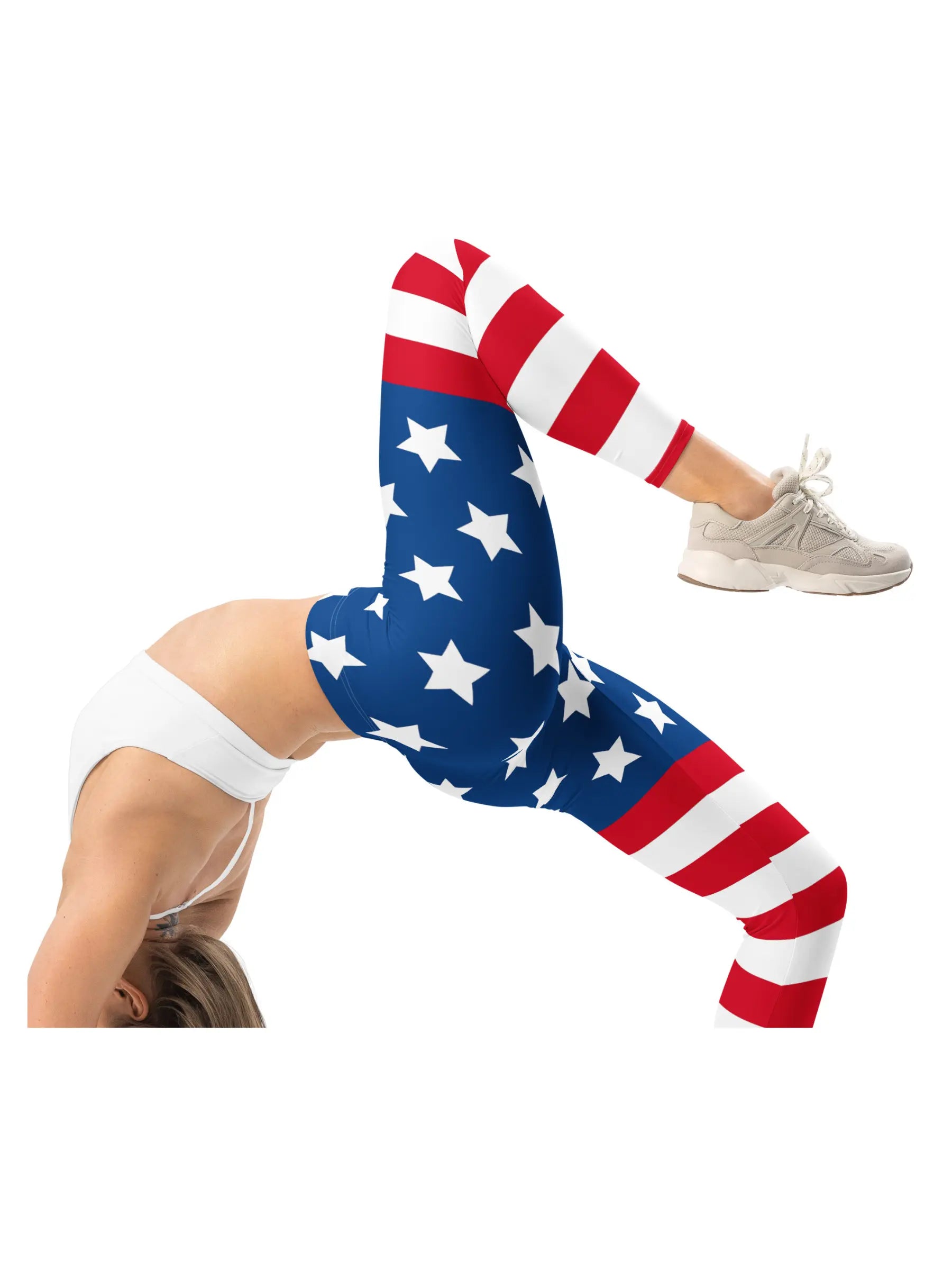 Person wearing a red, white, and blue outfit with star patterns on a white background