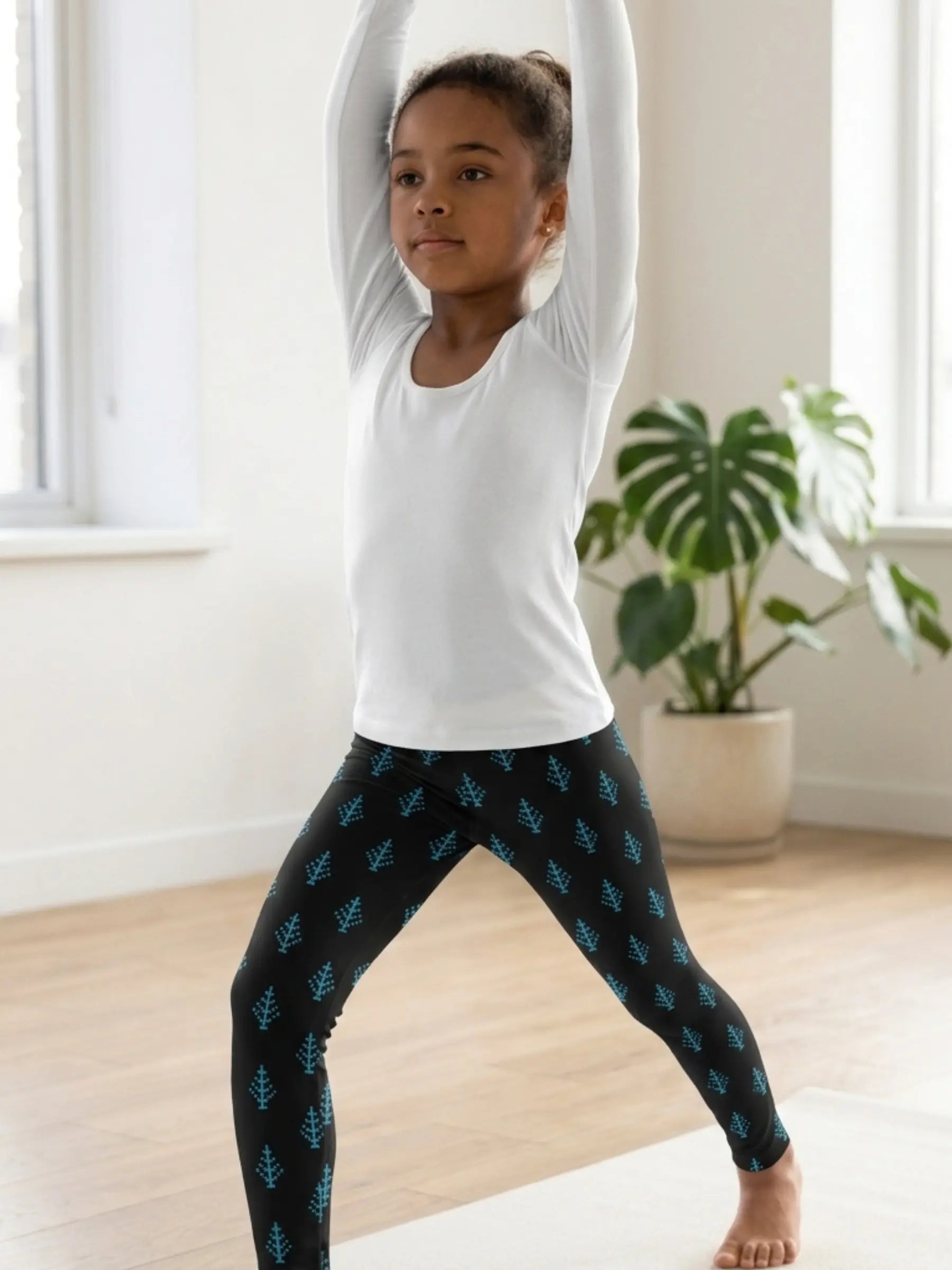 Kids Black Leggings with Blue Christmas Tree Design Pattern - Perfect Gift for Girls