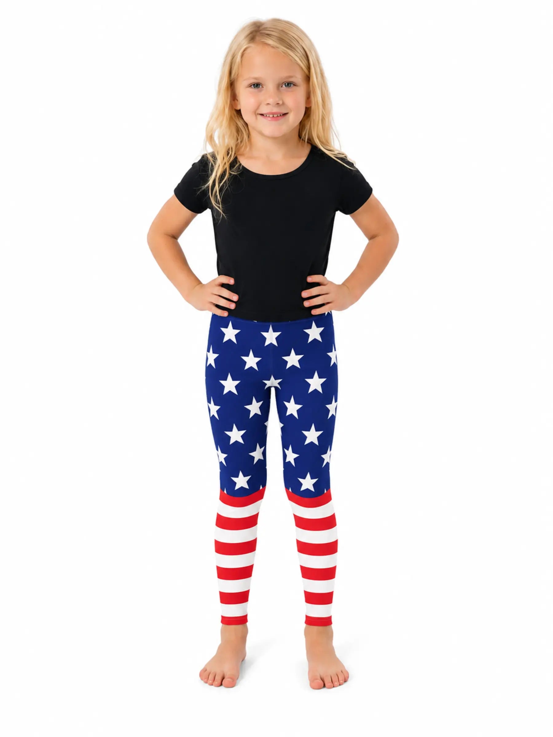 Child wearing a black shirt and American flag leggings on a white background