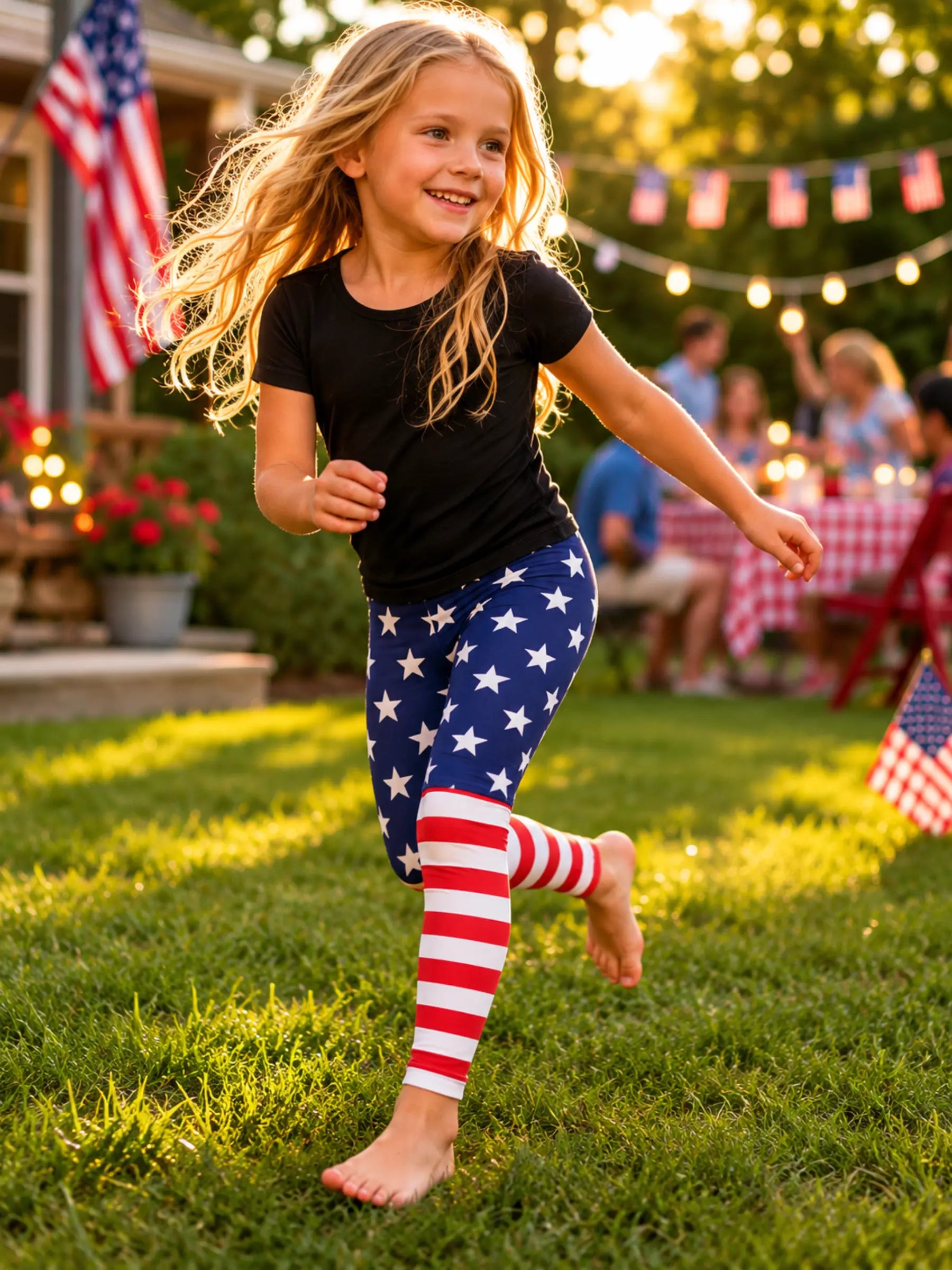 Child in American flag leggings running outdoors with a festive background