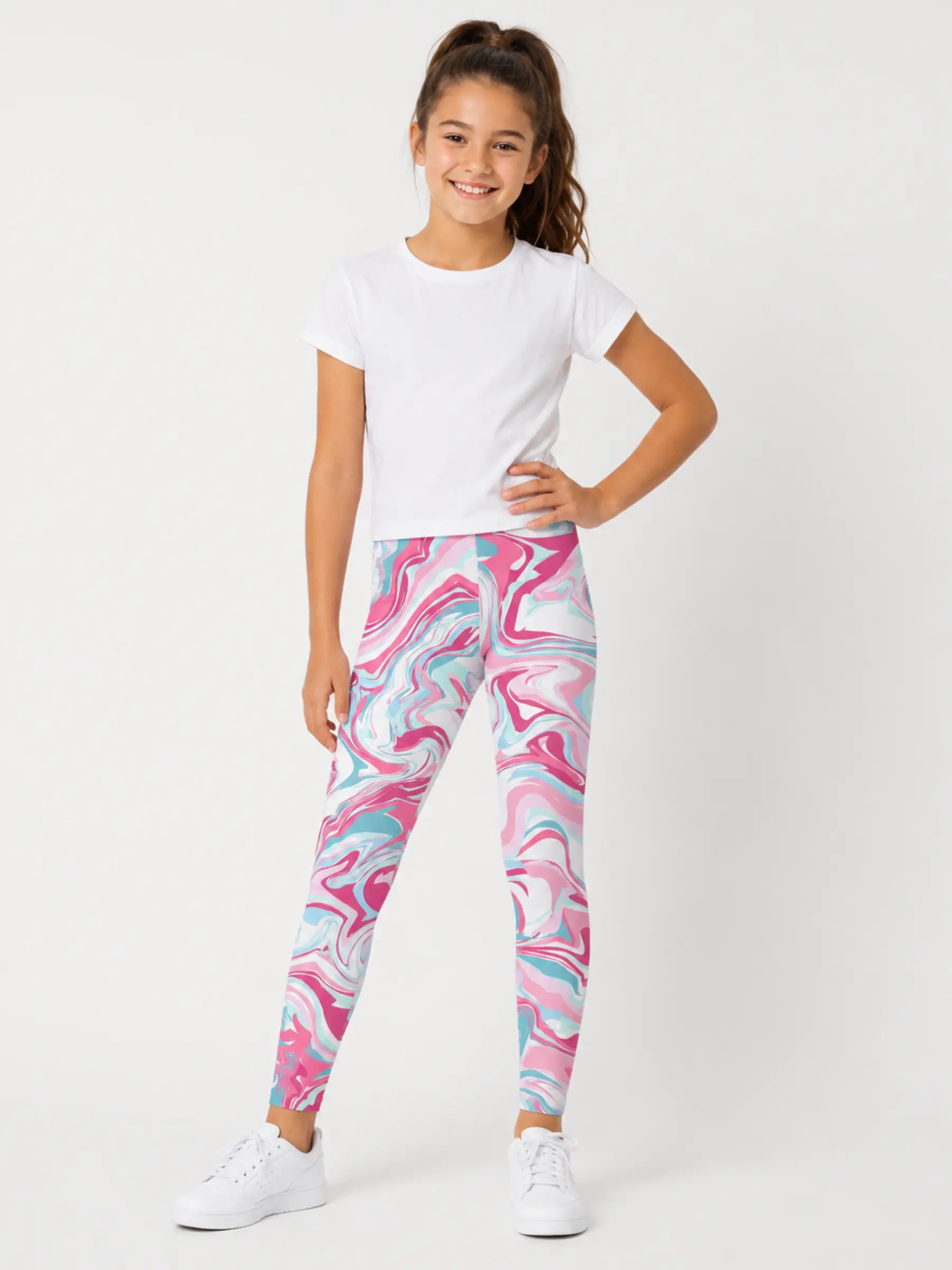 Pink & Blue Swirl Youth Girls Leggings — Soft & Comfy Fit