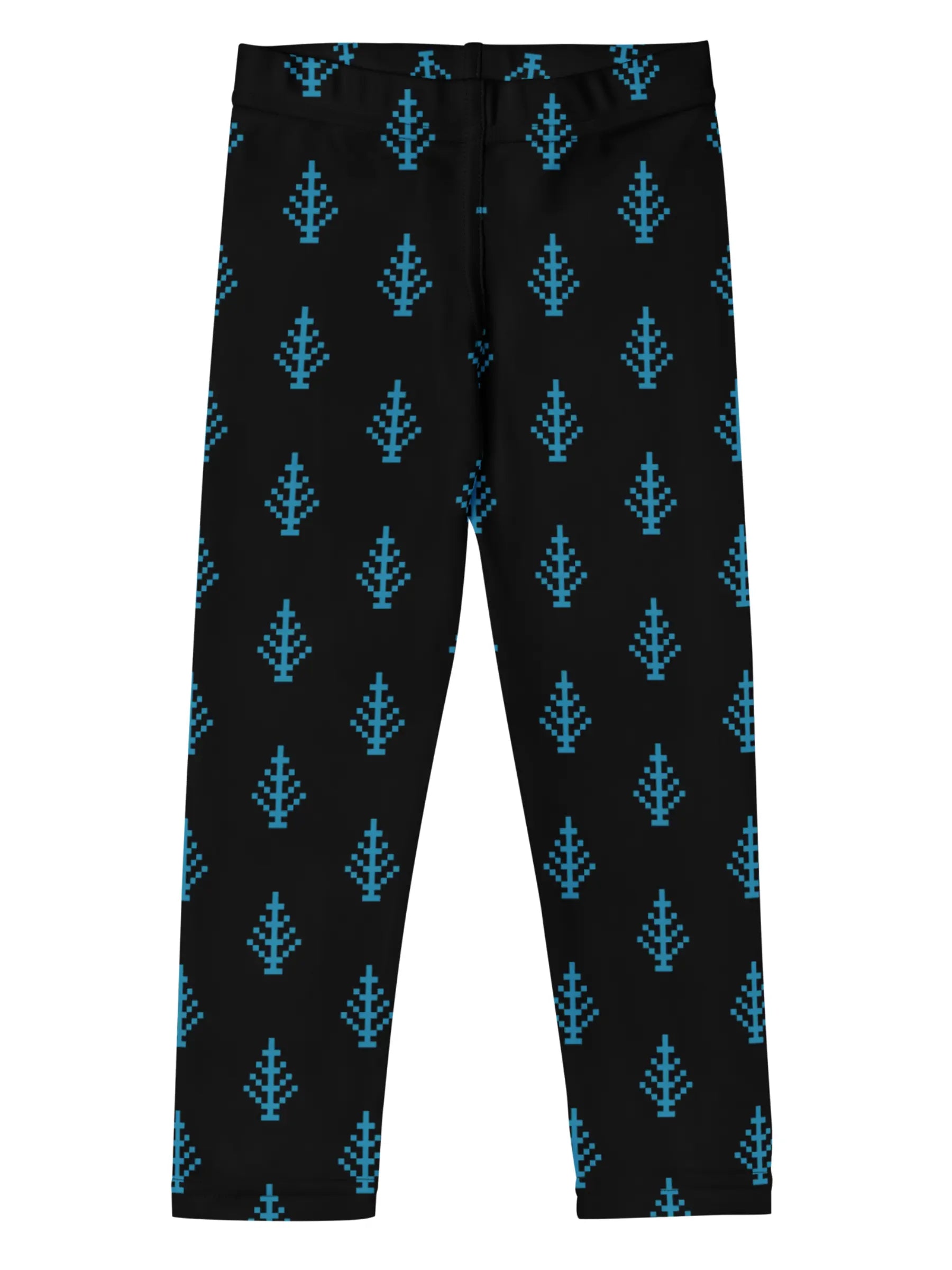 Kids Black Leggings with Blue Christmas Tree Design Pattern - Perfect Gift for Girls