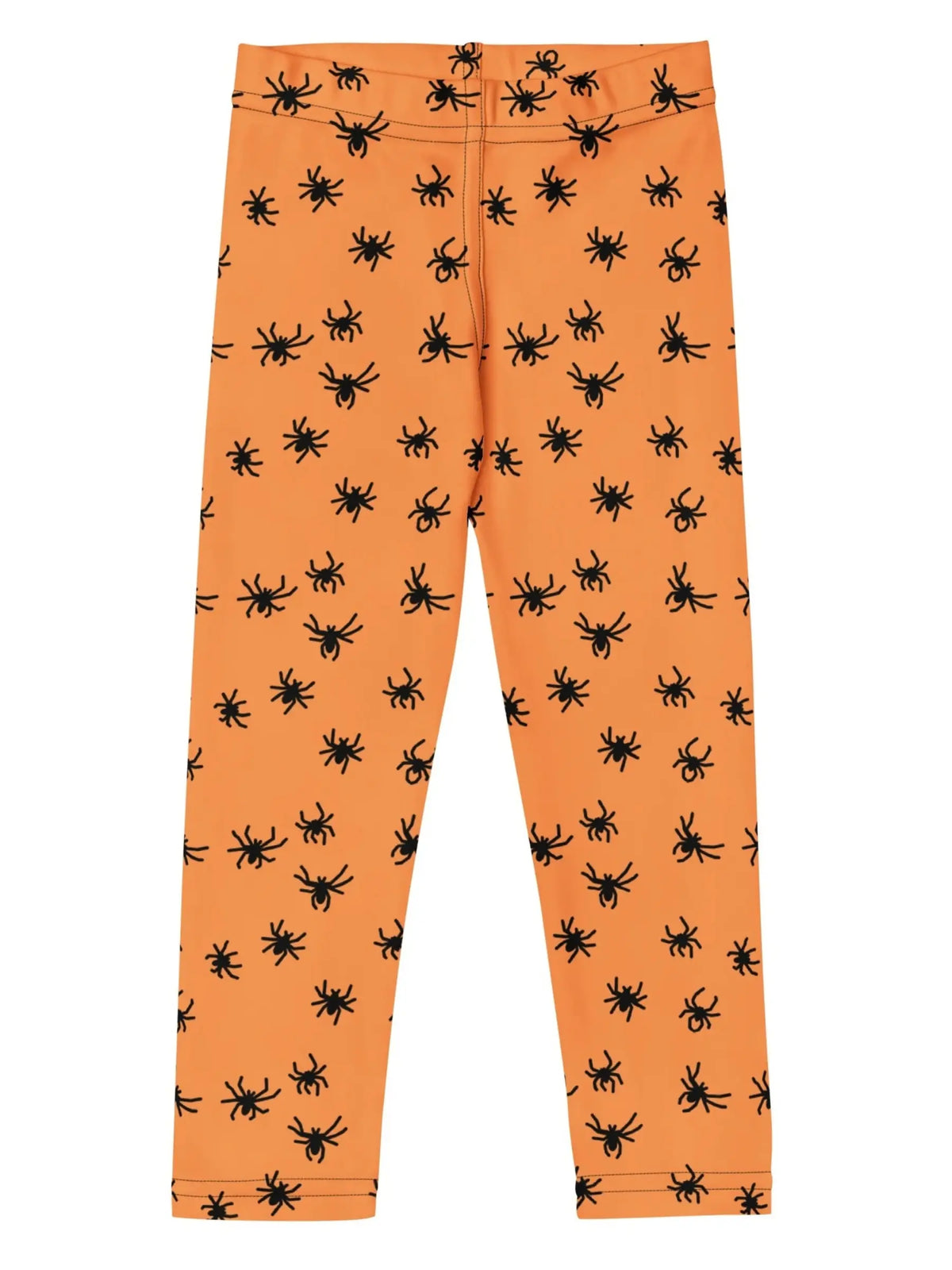 Orange leggings with an all-over black spider print, shown flat against a white background.