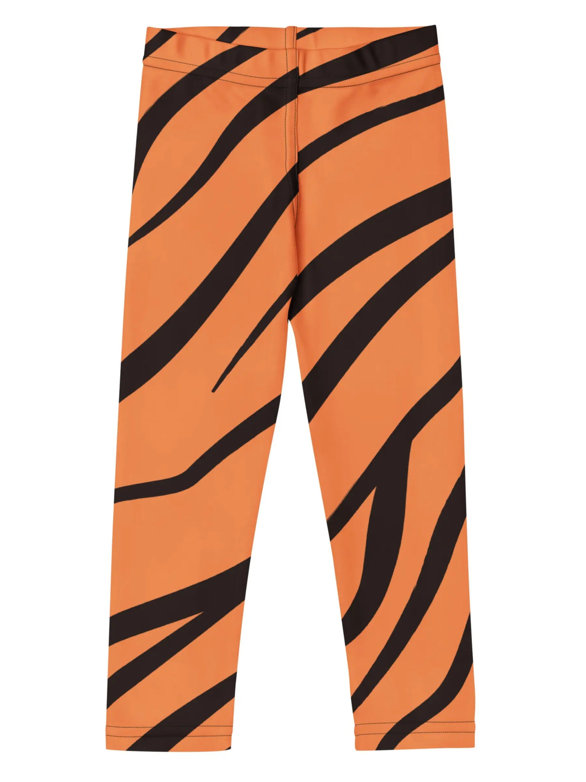 Orange leggings with a bold black tiger stripe pattern, shown flat against a solid white background.