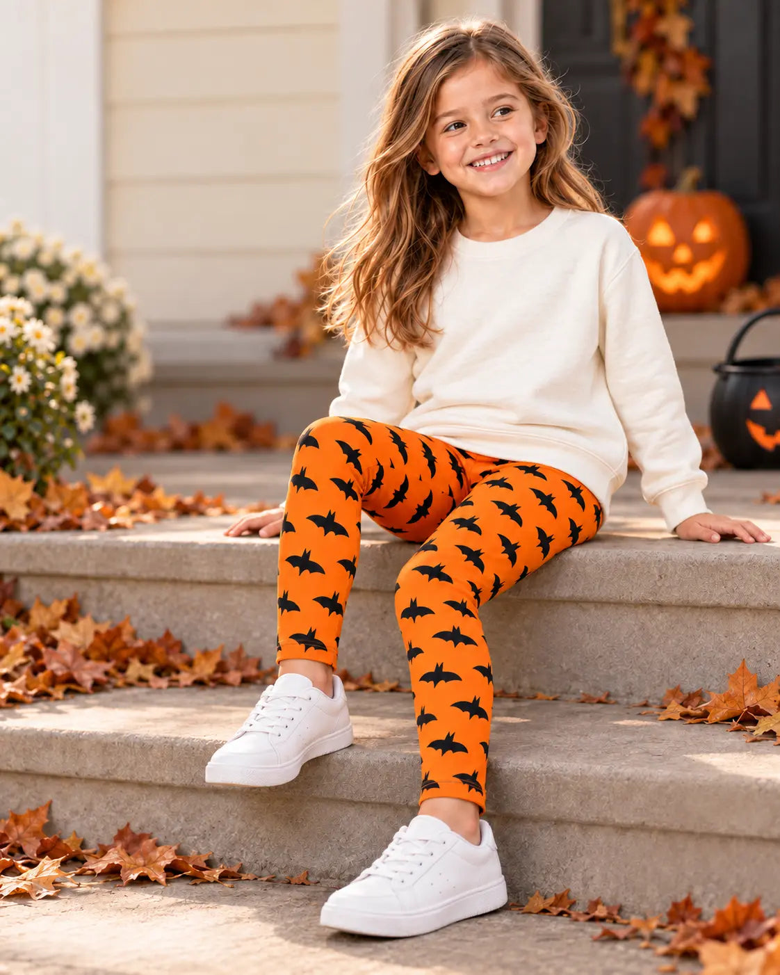 Kids’ Orange Bat Print Halloween Leggings (2T-7)