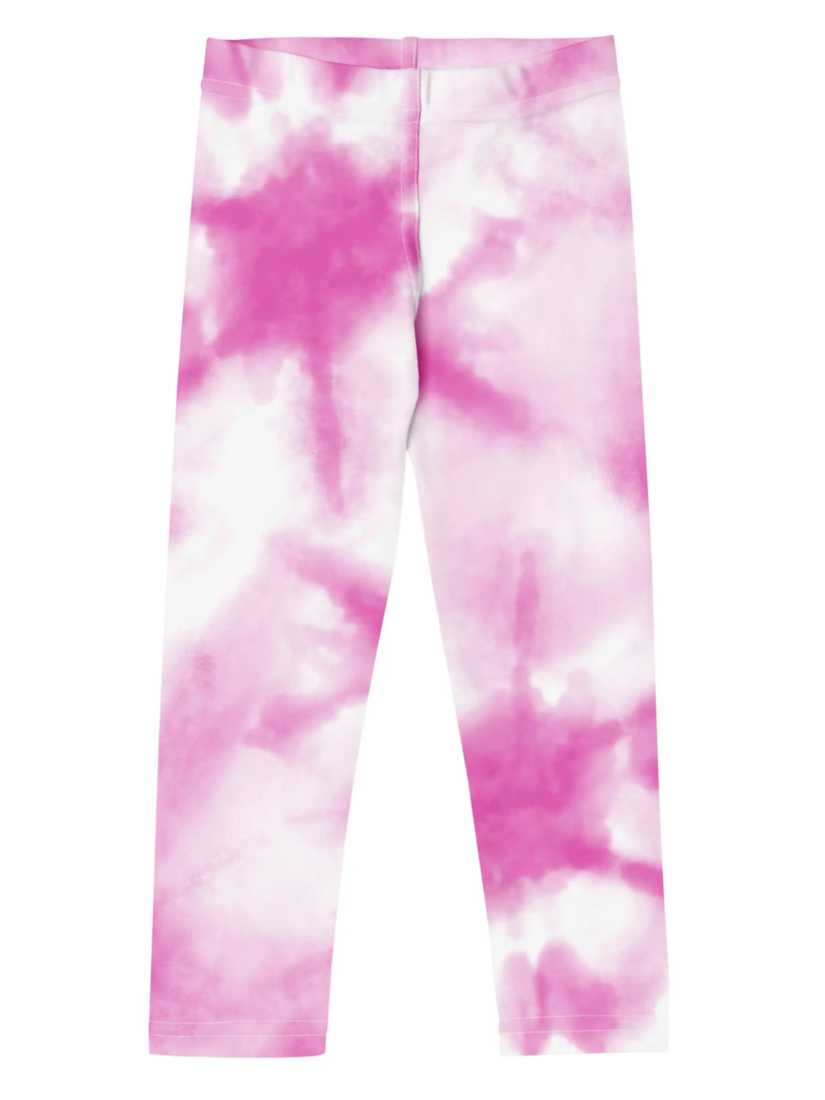 Pink and white tie-dye leggings shown flat against a solid white background.