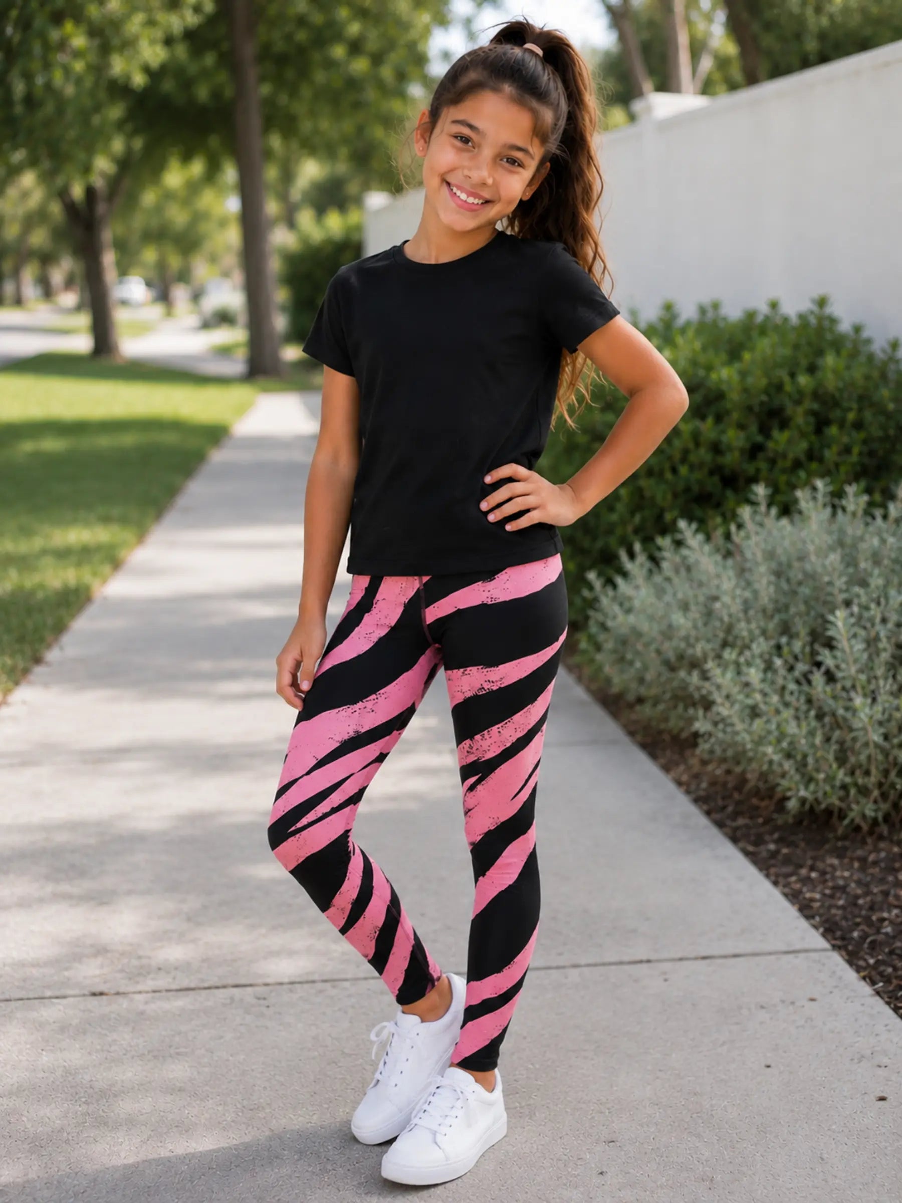 Pink & Black Stripe Youth Girl Leggings