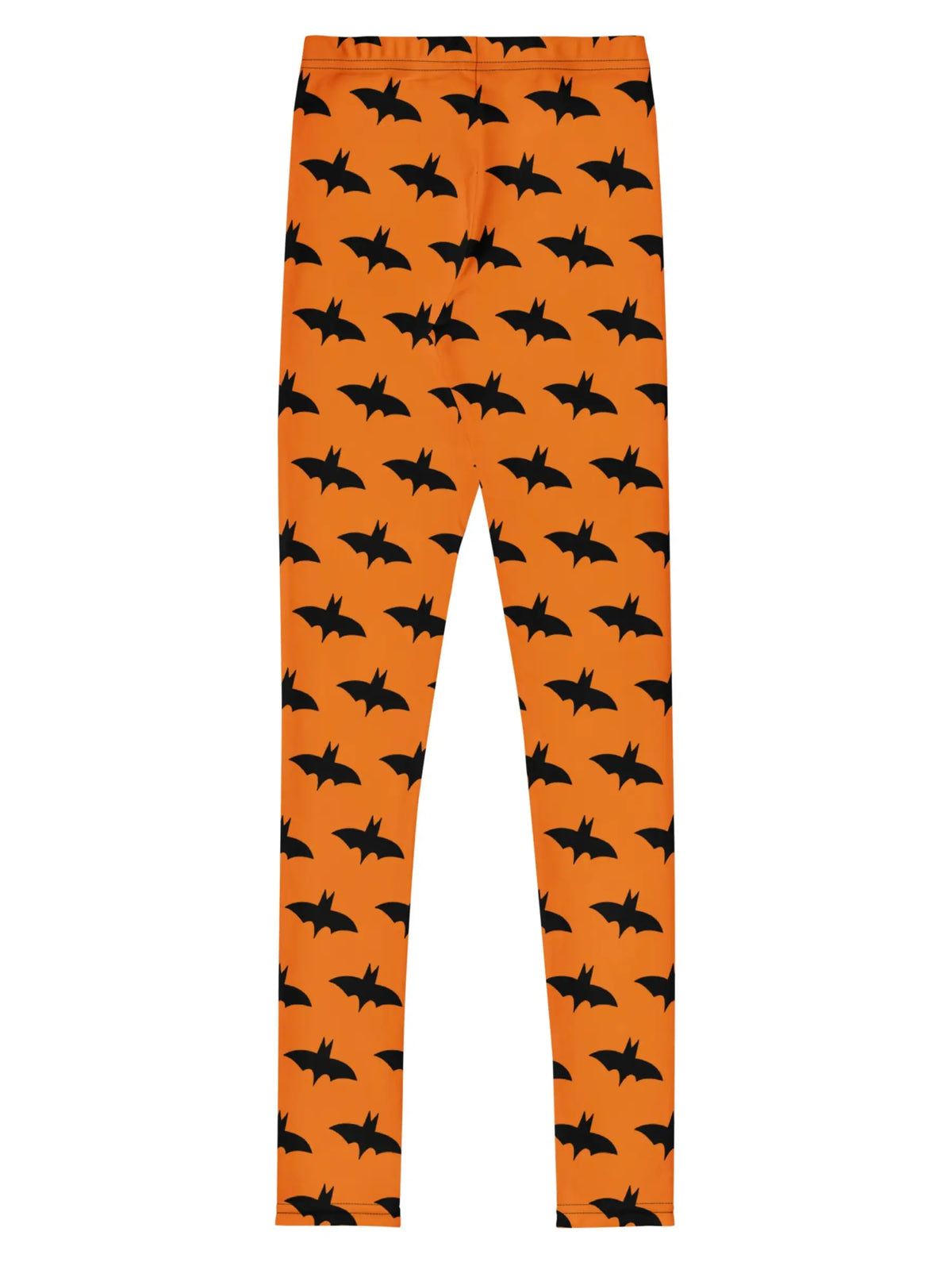 Bright orange leggings with an all-over black bat print, shown flat against a plain white background.