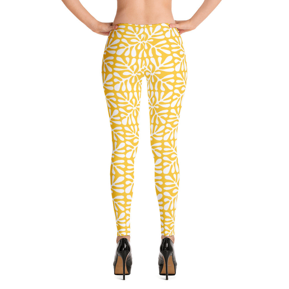 White Floral Pattern Yellow Leggings