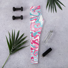 Load image into Gallery viewer, Photo of folded blue, white, and pink swirl tie dye leggings.