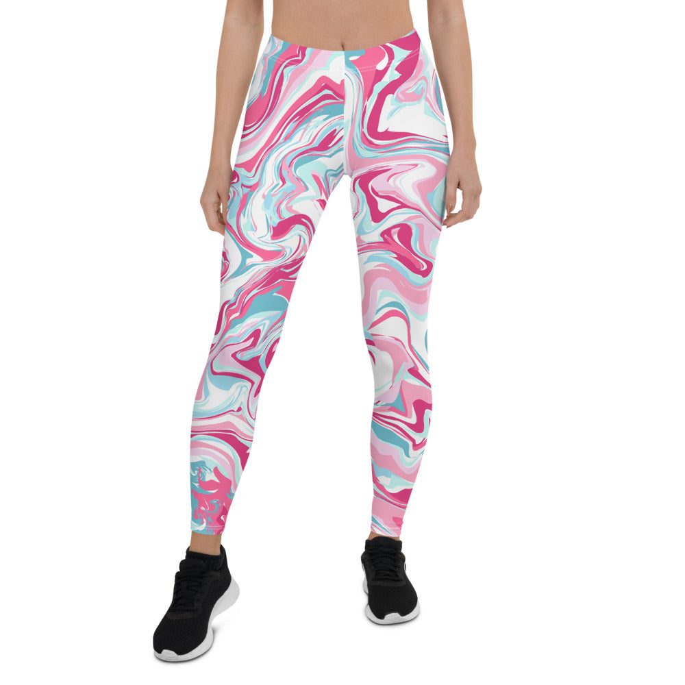 Front view of blue, white, and pink swirl tie dye leggings.
