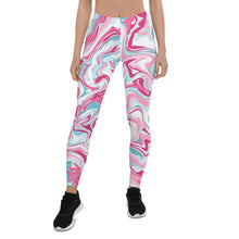 Load image into Gallery viewer, Front view of blue, white, and pink swirl tie dye leggings.