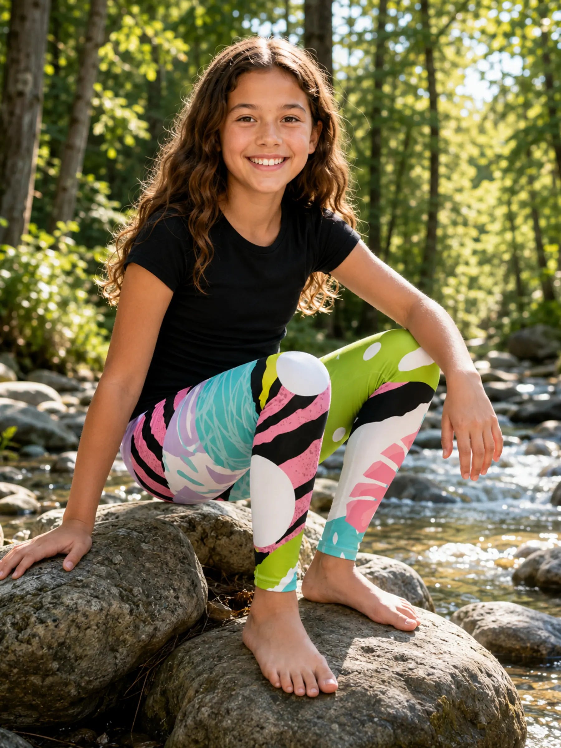 Girls Youth Leggings – Artistic Colorful Leaf Print, Ultra-Soft Fit (8-20)