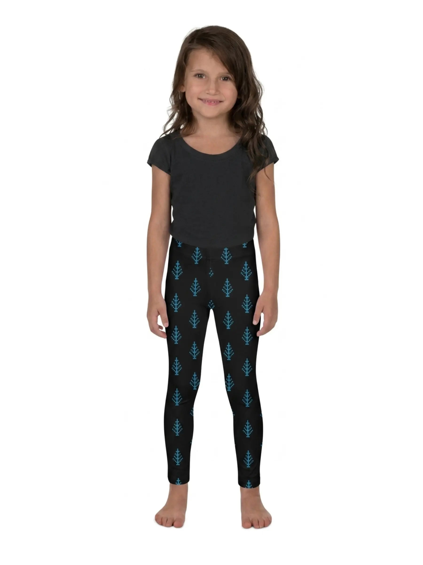 Kids Black Leggings with Blue Christmas Tree Design Pattern - Perfect Gift for Girls