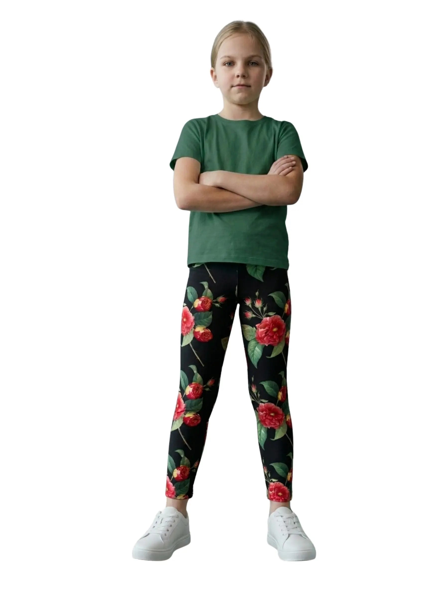 Kids Black Leggings with Red Flower Pattern - Perfect Gift for Girls