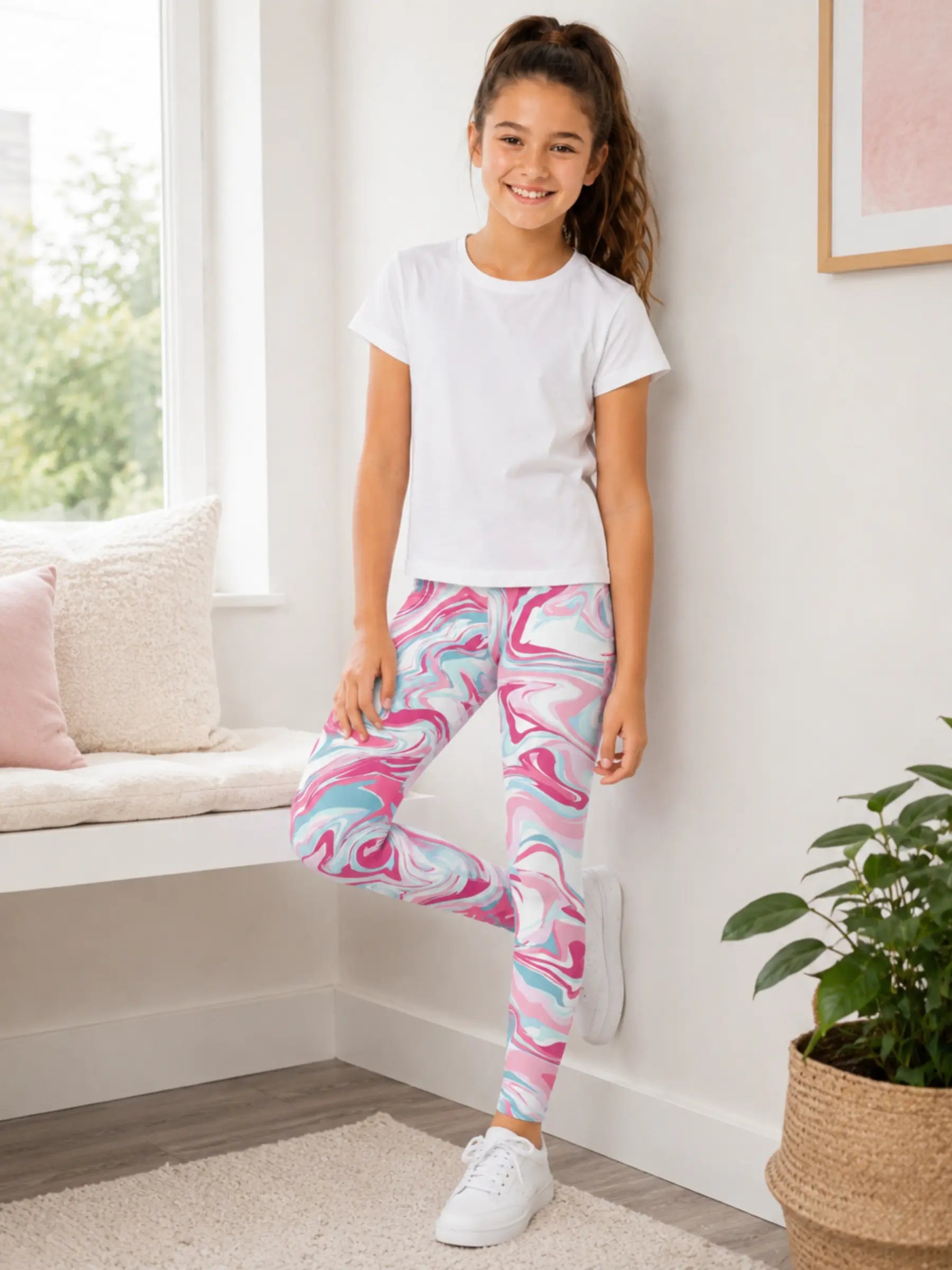 Pink & Blue Swirl Youth Girls Leggings — Soft & Comfy Fit (8-20)