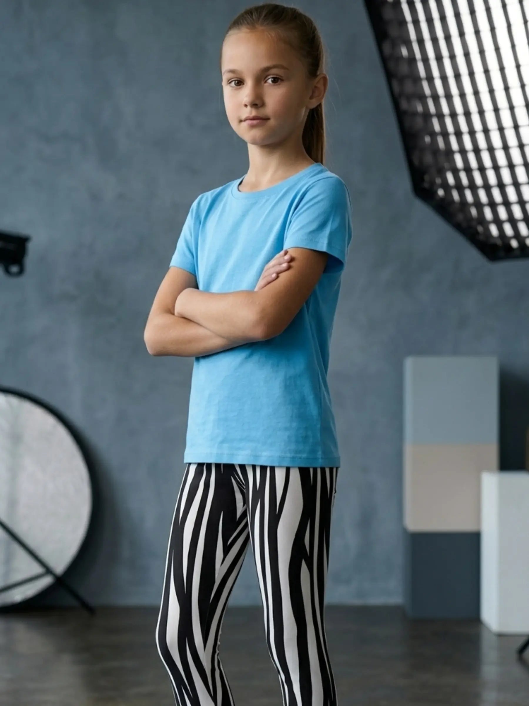 Kids Black Leggings with Zebra White Stripes - Perfect Gift for Girls