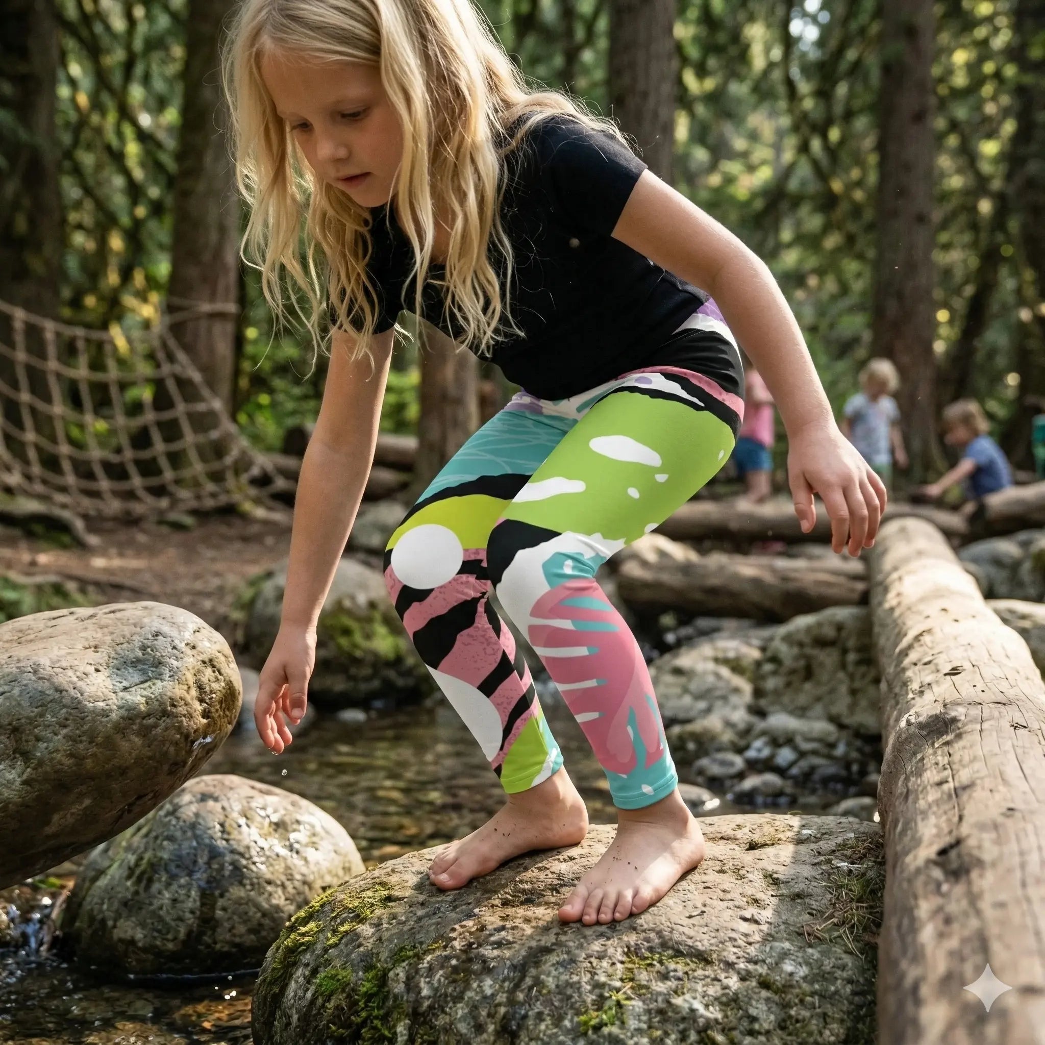 Girls Active Leggings – Artistic Colorful Leaf Print, Ultra-Soft Fit