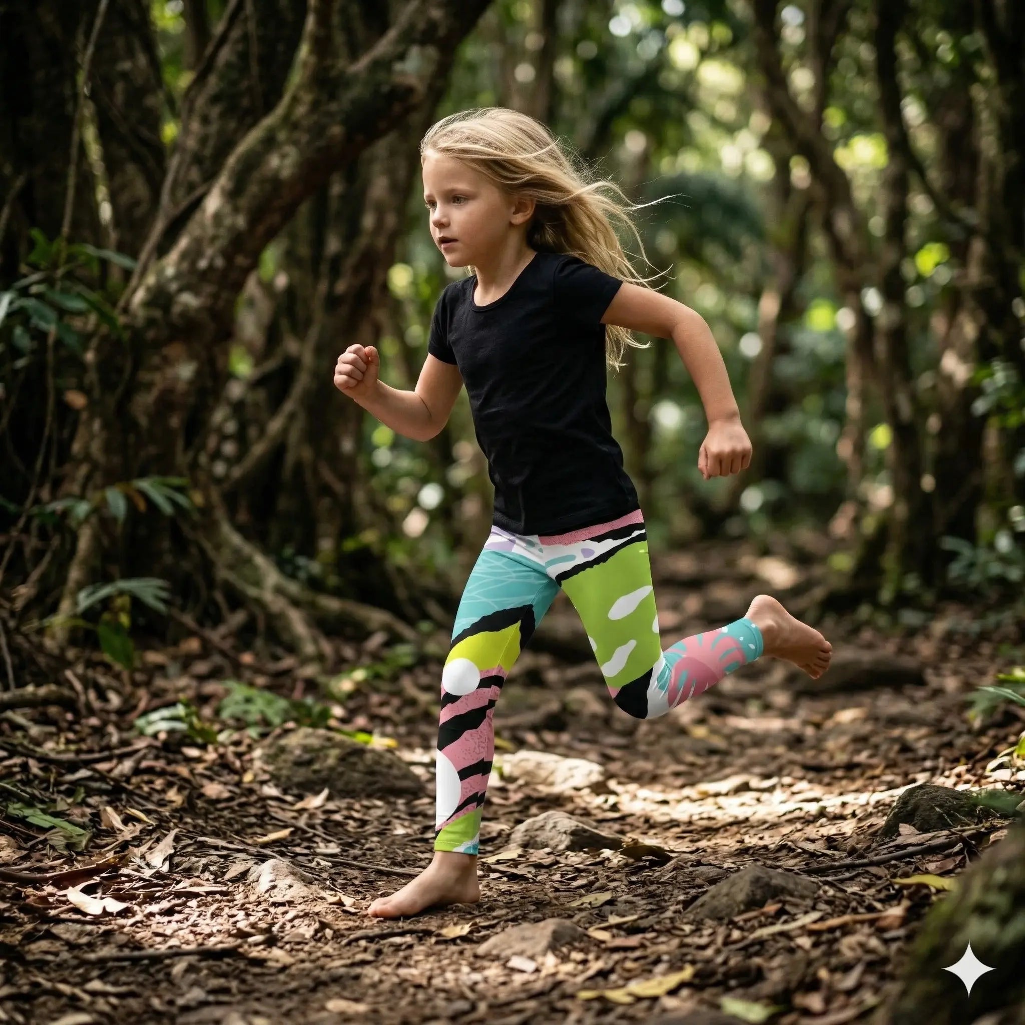 Young girl running in a forest wearing colorful leggings and a black top.