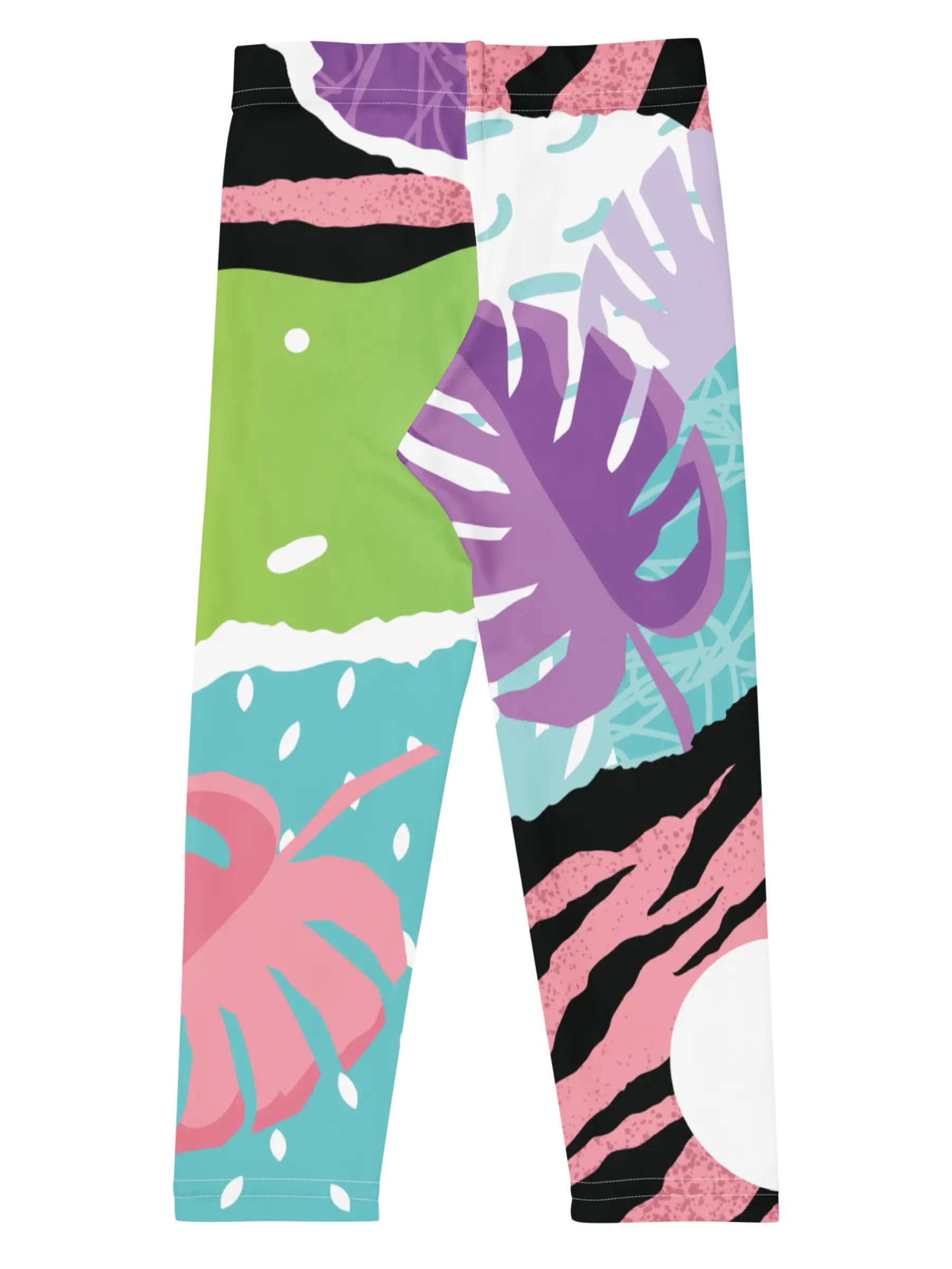 Colorful leggings with tropical leaf and zebra pattern on a white background