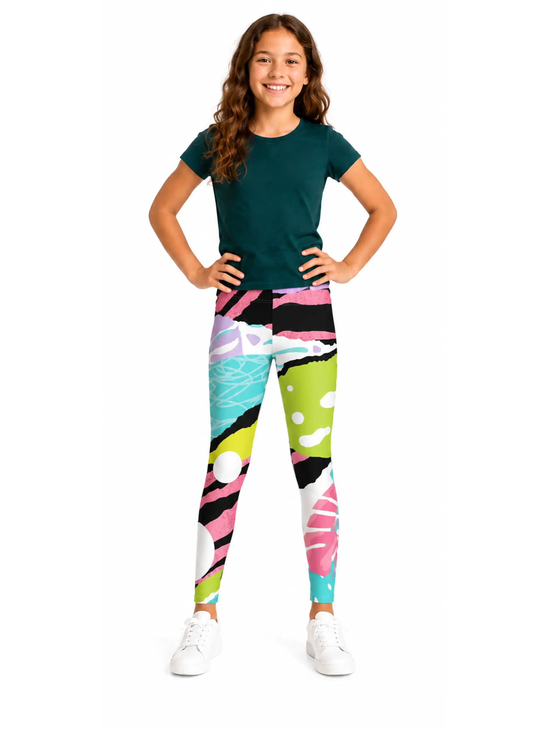 Girls Youth Leggings – Artistic Colorful Leaf Print, Ultra-Soft Fit