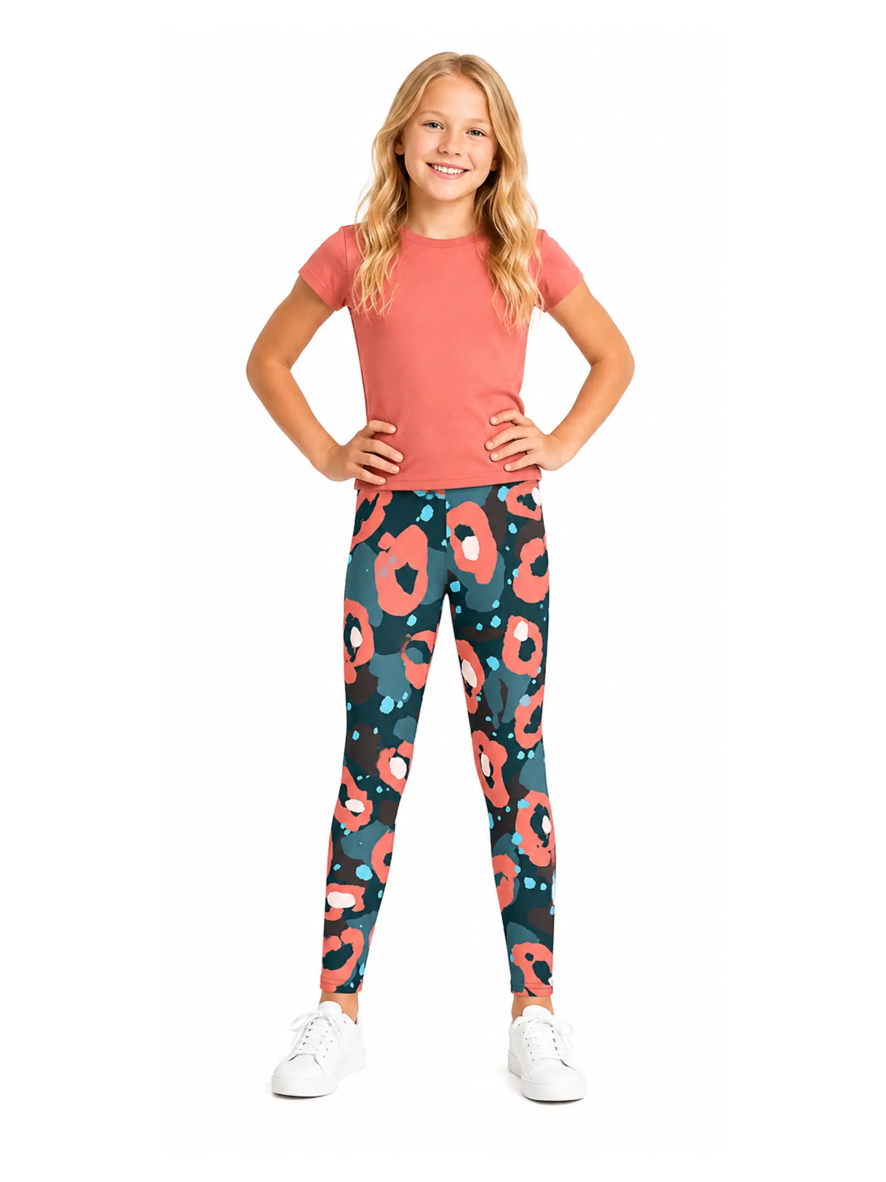 Youth Girls Leggings – Coral Abstract Print