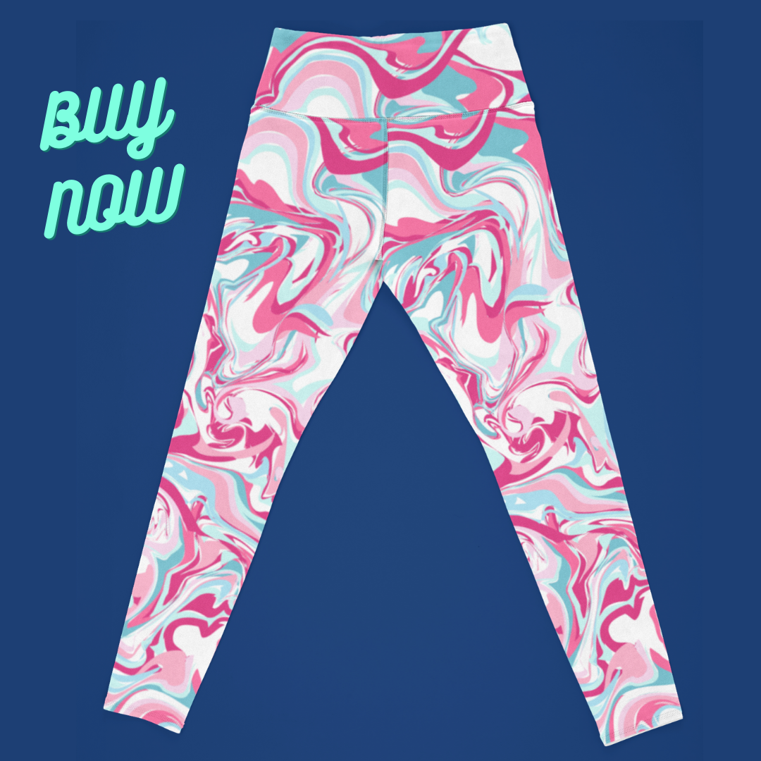 Top down view of tie dye leggings - pink, blue, and white color legging.