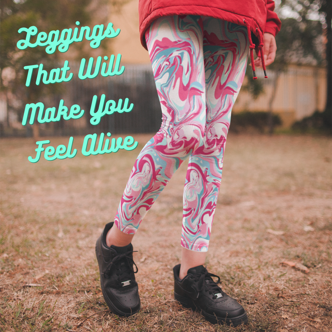 View of swirl pink, white, and blue tie dye leggings.