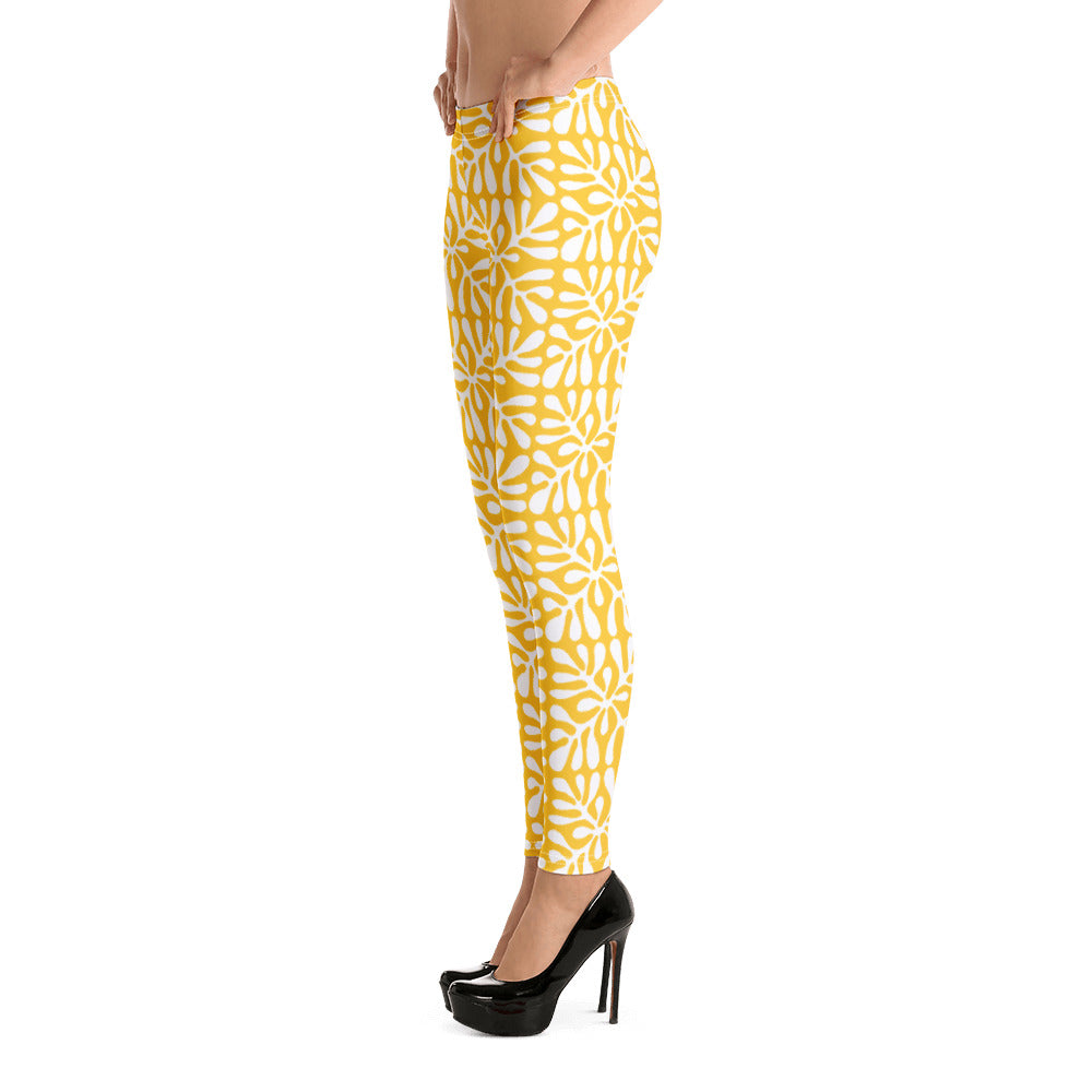 White Floral Pattern Yellow Leggings