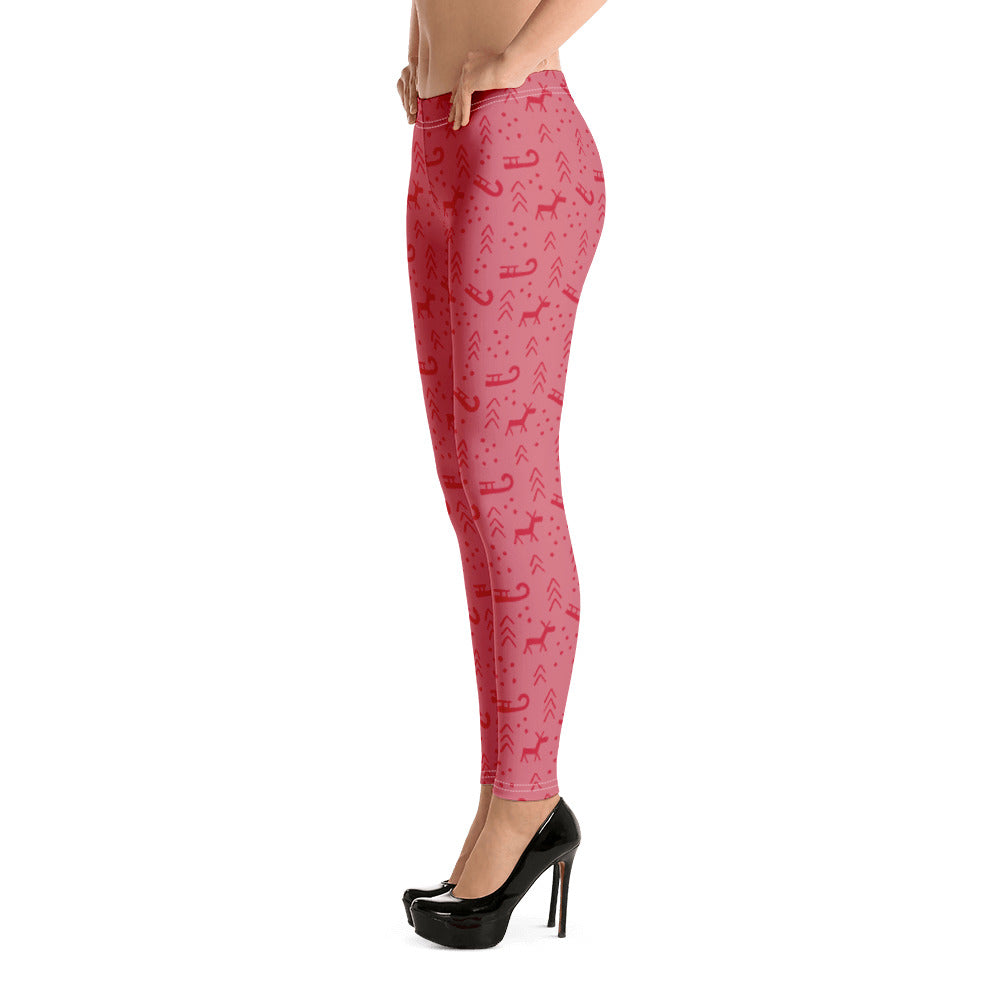 Red & Pink Christmas Reindeer and Sleds Leggings